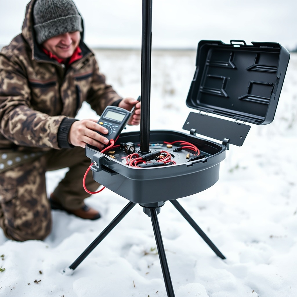 A photorealistic photo of a BuckGuide 300lb Spin-Cast Feeder in a snowy field