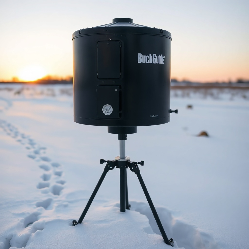 A BuckGuide 300lb Spin-Cast Feeder mounted on a metal tripod in a snow-covered field