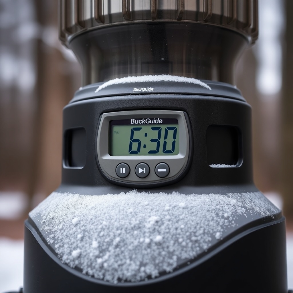 A close-up view of the BuckGuide 300lb Spin-Cast Feeder’s digital timer display set to 6:3